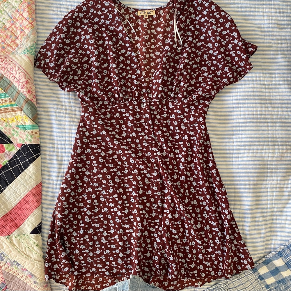 Verge girl brown and blue floral v neck dress